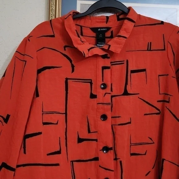 Ali Miles Artsy Art to wear Blouse XL Zipper Back Ruffle Sleeve Collegiate Lux - Picture 3 of 14